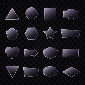 Set of transparent glass plates of different shapes in purple colors. Vector glass banners on transparent background. Technology frames. Realistic vector illustration.