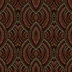 Ethnische Boho nahtlose Muster im afrikanischen Stil auf schwarzem Hintergrund. Stammes-Kunstdruck. Unregelmäßiges Tupfenmuster.