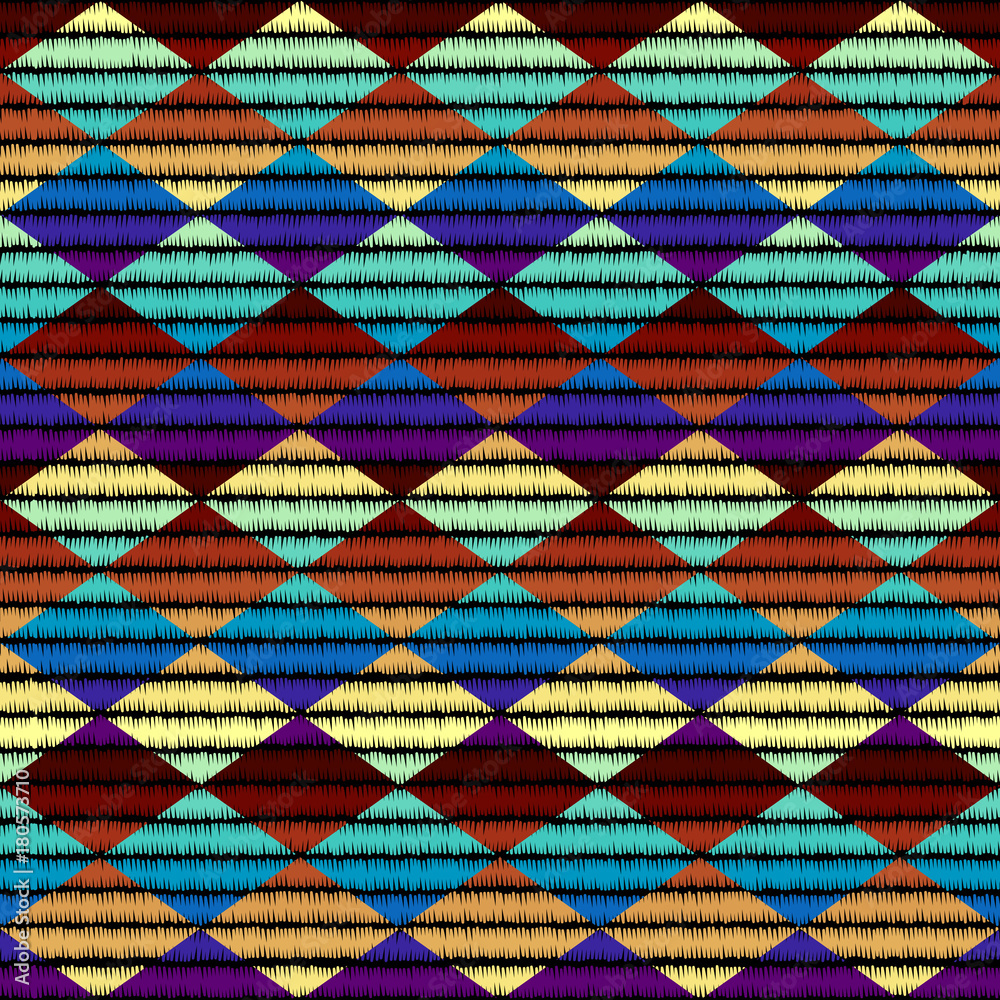Poster Imitation of geometric embroidery pattern. Colored lines on a black background. Ethnic and tribal motifs. Seamless vector background in the bohemian style.