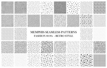 Bundle of Memphis seamless patterns. Fashion 80-90s. Black and white textures - obrazy, fototapety, plakaty