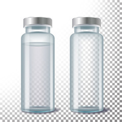 Medical Ampule Vector. 3D Realistic Transparent Glass Medical Ampule. Isolated Illustration
