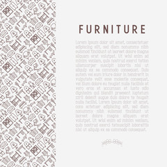 Obraz premium Furniture concept with thin line icons of coach, bookcase, bed, dresser, chair, lamp, floor hanger. Modern vector illustration for banner, web page, print media.