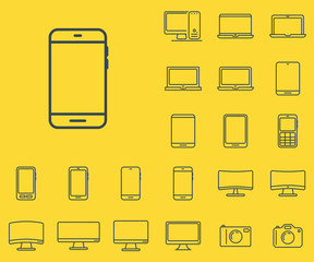 Smartphone icon in set on the yellow background. 
Set of thin, linear and modern electronic equipment icons.
Universal linear icons to use in web and mobile app.