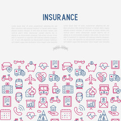 Fototapeta na wymiar Insurance concept with thin line icons: health, life, car, house, savings. Modern vector illustration for banner, template of web page, print media.