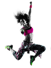 one caucasian woman zumba fitness exercises dancer dancing isolated in silhouette on white background