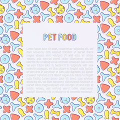 Pet food concept with thin line icons of dry food in different shapes and cute dog and cat. Modern vector illustration.
