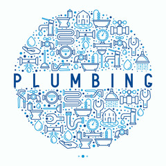Plumbing concept in circle with thin line icons of bathtub, shower, pipe, wrench, drop, leakage, meter, plunger. Modern vector illustration for banner, web page, print media.