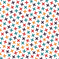 Colorful seamless memphis pattern in bright colors. Mosaic crosses texture