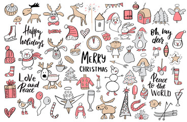 Set of Christmas and New Year doodle holiday characters and elements. Funny cute design. Vector illustration.