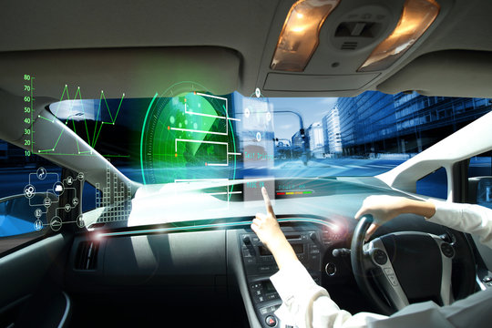 electric car Internet of Things. Heads up display(HUD).futuristic vehicle and graphical user interface(GUI).self-driving  mode , autonomous car, vehicle running self driving mode and a woman driver