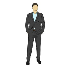 Businessman in gray suit standing with hands in his pockets, isolated vector illutration. Front view