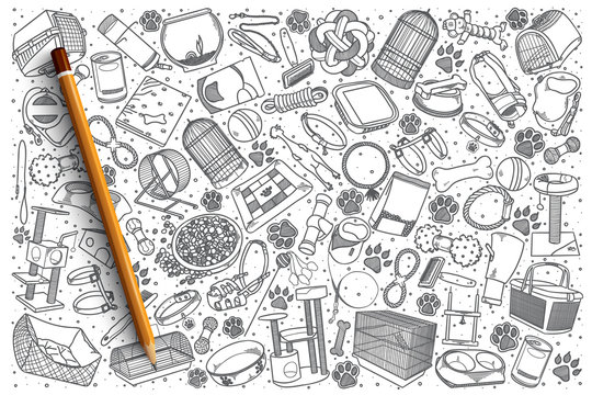 Hand drawn Pet shop vector doodle set background