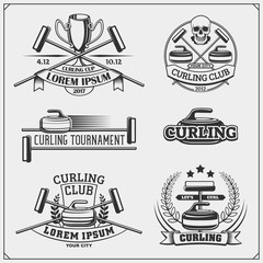 Set of curling labels, emblems and design elements.