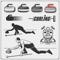 Set of curling labels, emblems and design elements.