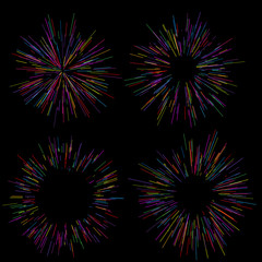 Colorful fireworks Radiating from the center of thin beams, lines. Vector illustration. Dynamic style. 