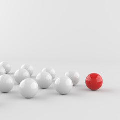 Leadership concept, red leader ball, standing out from the crowd of white balls, on white background. 3D rendering.