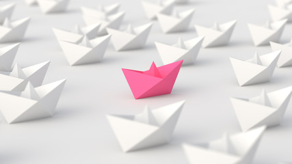 Woman leadership concept, pink leader boat with whites, on white background. 3D Rendering.