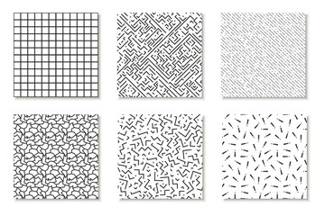 Collection of seamless memphis patterns, cards. Mosaic black and white textures. Fashion design 80 - 90s
