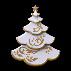 3d render, digital illustration, decorated Christmas tree, porcelain fir, gold ornament, toy, white paper clip art, festive symbol isolated on black background