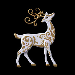 3d render, digital illustration, Christmas reindeer clip art, decorative stag,  embossed gold ornament, standing white deer, isolated on black background
