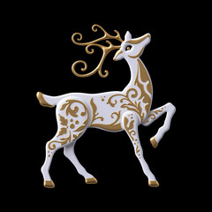 3d render, digital illustration, Christmas reindeer clip art, decorative stag,  embossed gold ornament, white deer, isolated on black background