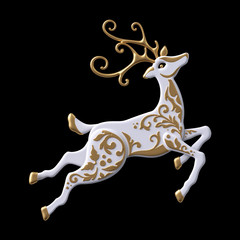 3d render, digital illustration, Christmas reindeer clip art, decorative stag,  embossed gold ornament, jumping white deer, isolated on black background