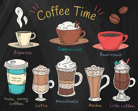 Coffee time. Beautiful illustration of types of coffee. Espresso, cappuccino, american, takeaway, latte, mocha, irish coffee on chalkboard background
