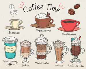 Coffee time. Beautiful illustration of types of coffee. Espresso, cappuccino, american, takeaway, latte, mocha, irish coffee - 180576926