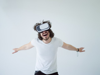 Man using headset of virtual reality