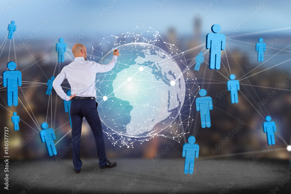 Poster international network displayed on a futuristic interface with globe and connection - technology and