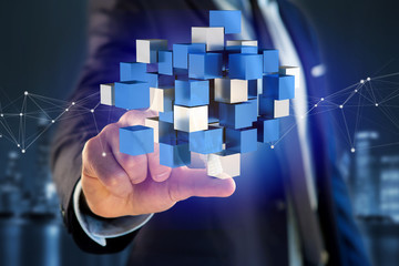 3d rendering blue and white cube on a futuristic interface