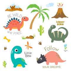 Fototapeta na wymiar Dinosaur footprint, Volcano, Palm tree and other design elements