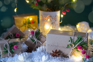 Christmas gift box and decorations. Old fashion style. On green bright background.