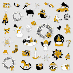 Christmas layered stickers set with gift box, xmas tree, deer, snowman, gingerbread cookie, candle, bell, poinsettia, sleigh, wreath and other. Can be used for advent calendar. Black, white and gold