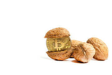 Cryptocurrency physical gold bitcoin coin in pistachios walnuts white isolated