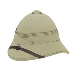 Classic Cork Pith Helmet. Perspective view. Equipment for safari or explorer. Research and discover. 3D render Illustration isolated on a white background.