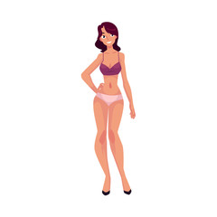 Young beautiful slim Caucasian woman, girl in underwear, panties and bra, cartoon vector illustration isolated on white background. Cartoon young woman, girl in underwear, full length portrait