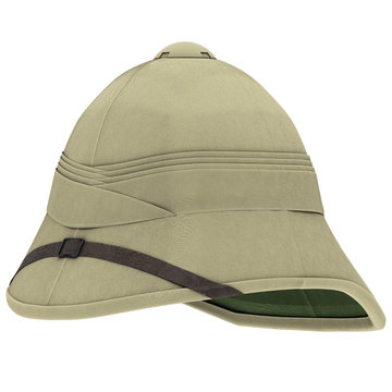 Classic Cork Pith Helmet. Perspective view. Equipment for safari or explorer. Research and discover. 3D render Illustration isolated on a white background.