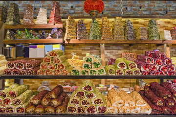Traditional turkish sweets rahat lokum. Kemer Turkey - obrazy, fototapety, plakaty