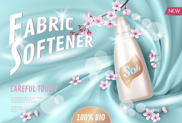 Sakura flower fabric softener promotional poster template. Pink petal blossom japanese branch aroma. Golden package realistic 3d silk light blue soft satin background vector illustration
