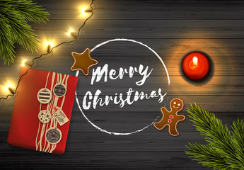 Merry Christmas Lettering On Wooden Board. Realistic Vector Design