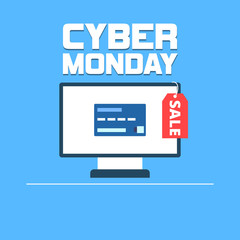 Cyber Monday banner with computer monitor and sale tag