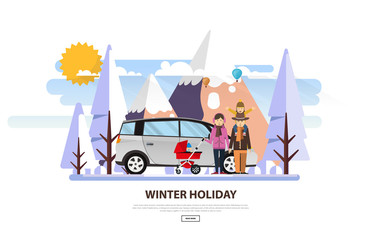 Naklejka premium Winter Vacation Vector Backgound. White Snowy Landscape with Family