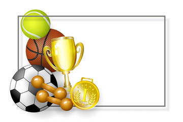vector flat basketball footnall, tennis ball, golden cup winner trophy, first place medal and dumbbells - sport equipment object banner, poster template. Isolated illustration on a white background