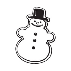 Glazed snowman-shaped homemade Christmas gingerbread cookie, sketch style vector illustration isolated on white background. black and white gingerbread cookie in shape of funny snowman