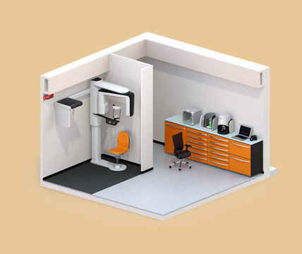Isometric view of dental clinic interior with Con-Beam CT and CADCAM system. 3D rendering image.
