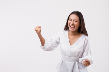 excited asian woman looking up