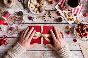 Christmas composition on a wooden background.