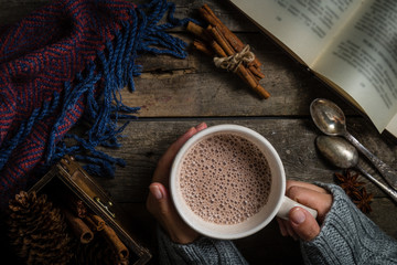 Winter hot chocolate on rustic background