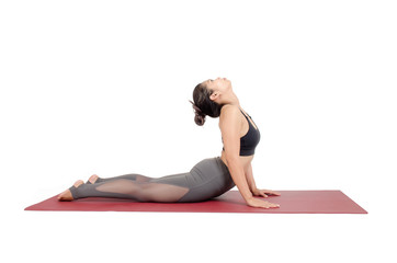 young asian woman practicing yoga in Urdhva Mukha Svanasana or Upward-Facing Dog yoga pose on the mat isolated on white background, exercise fitness, sport training and healthy lifestyle concept